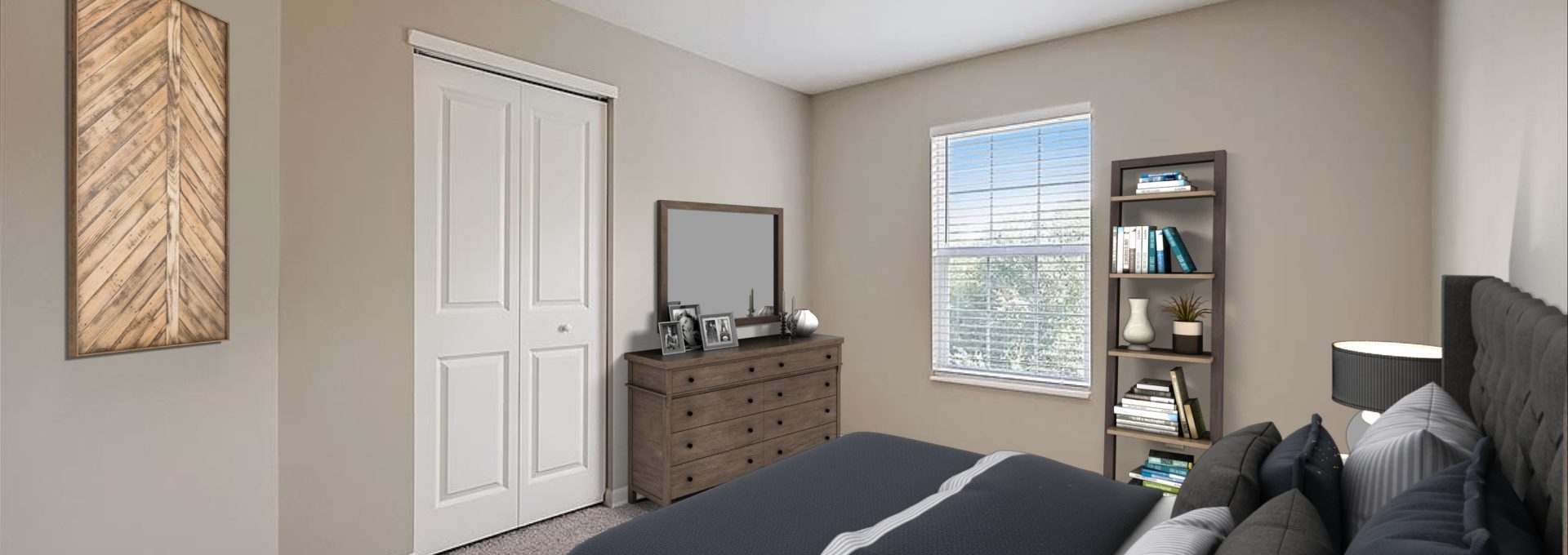 a bedroom with a bed, dresser and nightstand at The Worthington Green