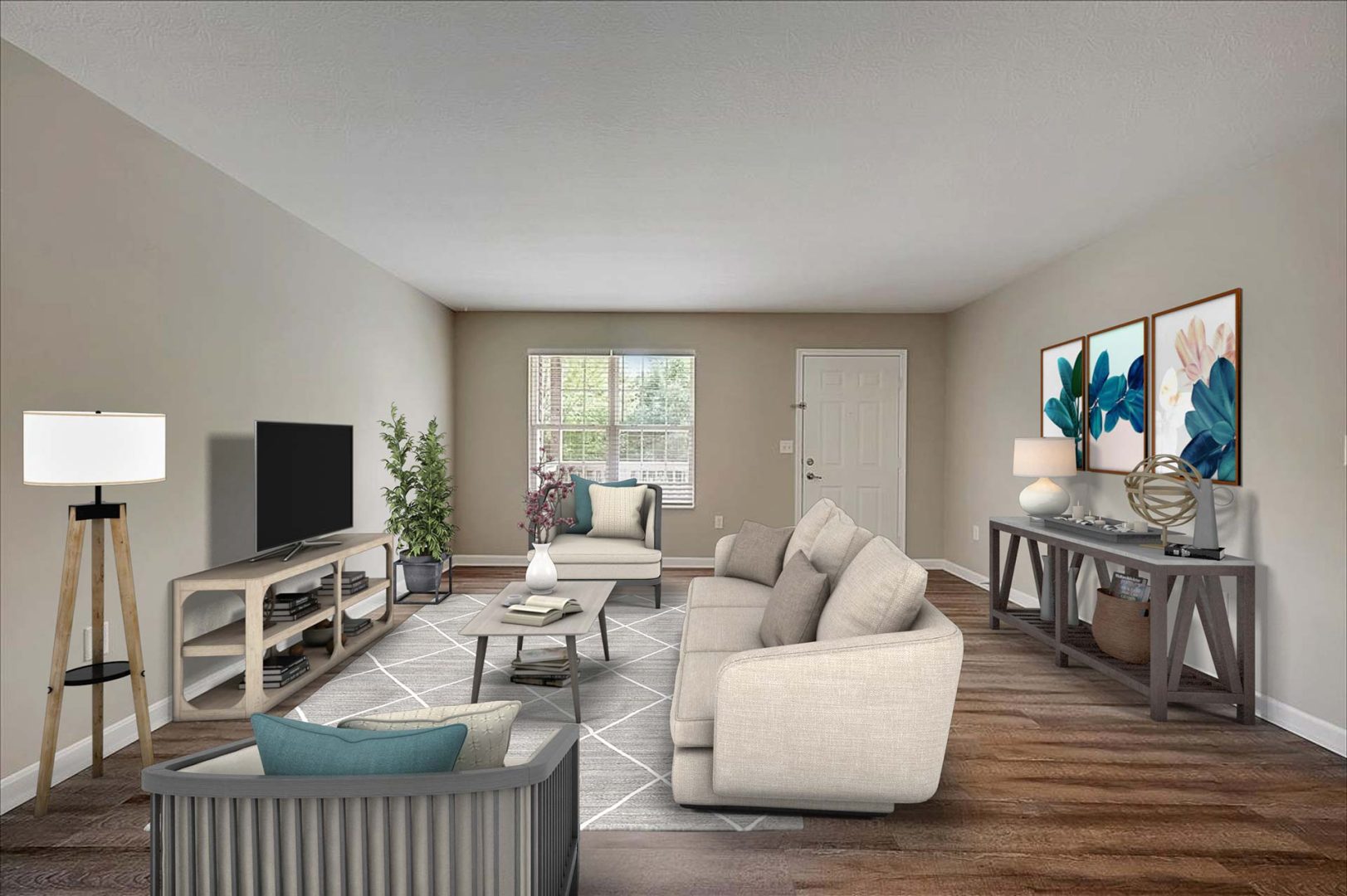 a living room with a couch, coffee table and television at The Worthington Green