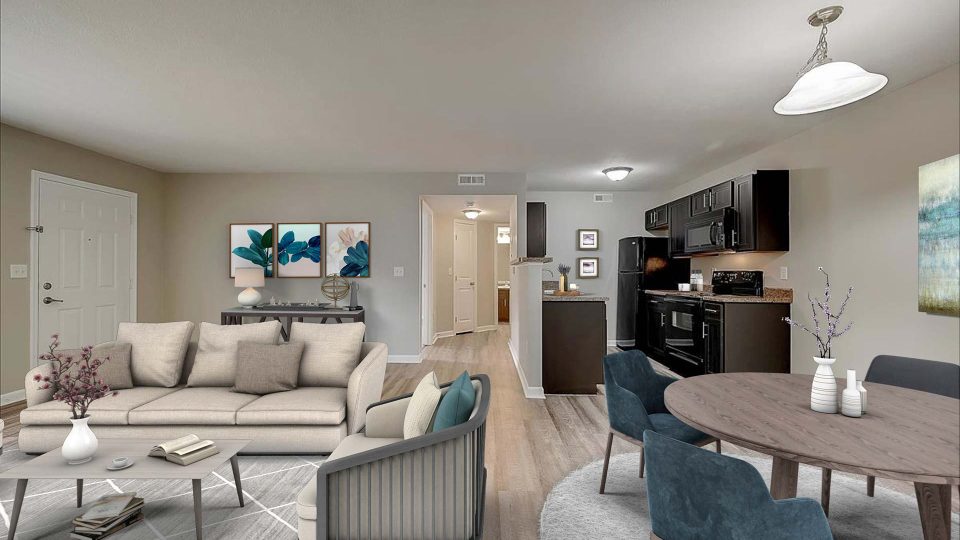 a rendering of a living room and dining area at The Worthington Green